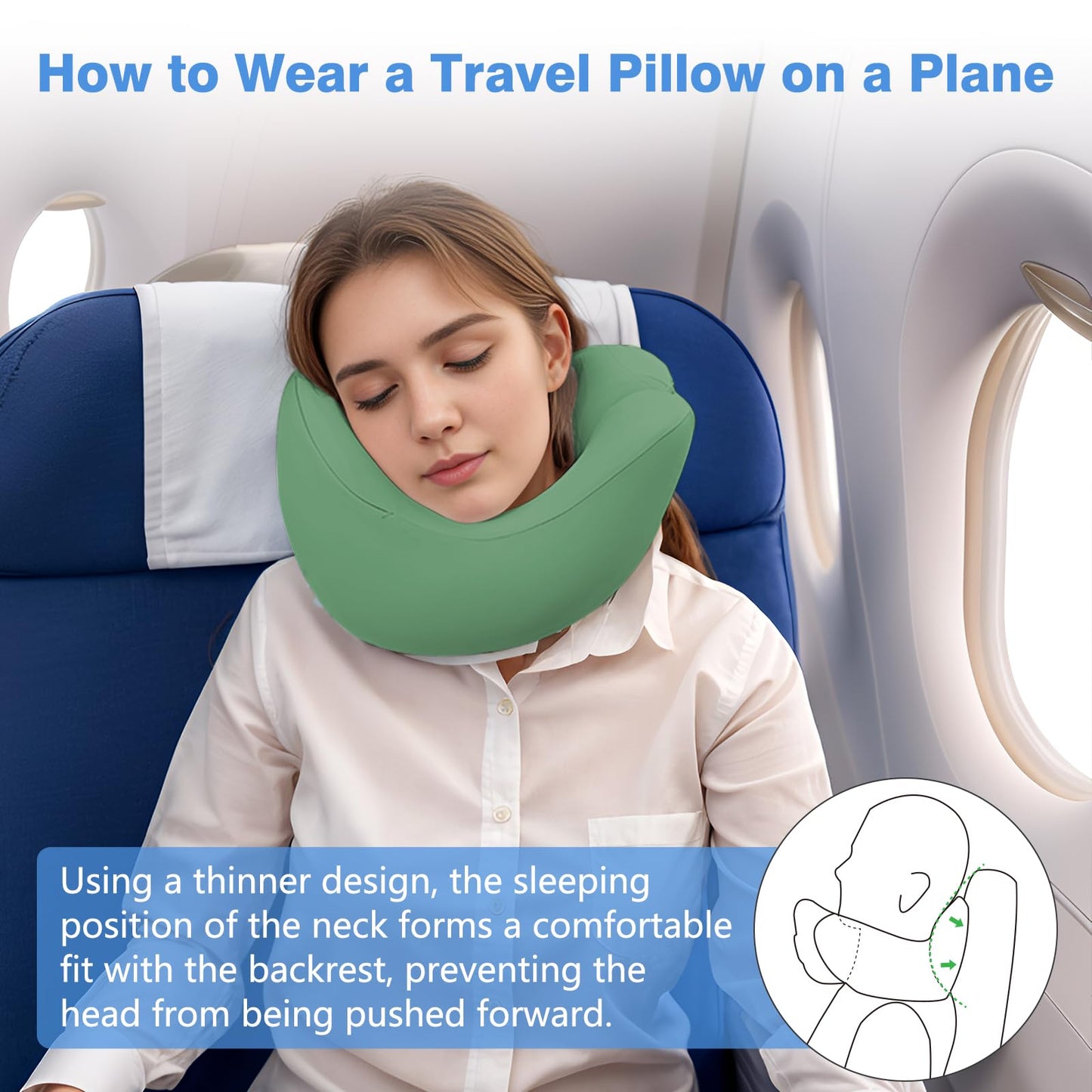 jiaao Neck Pillow Airplane, Memory Foam Travel Neck Pillows for Long Flight, 3D Eye Masks, Ear Plugs and Portable Drawstring Bag, Napping Pillow for Home, Road Trips, Sleep Rest and Travel Use