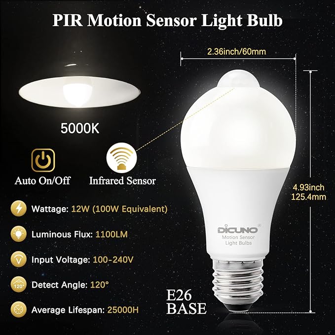 DiCUNO PIR Motion Sensor Light Bulbs, 12W (100W Equivalent) E26 LED Body Motion Sensor Infrared Bulb Auto on/Off, Outdoor/Indoor Light for Front Porch Garage, 1100LM 5000K Daylight White, 2 Pack