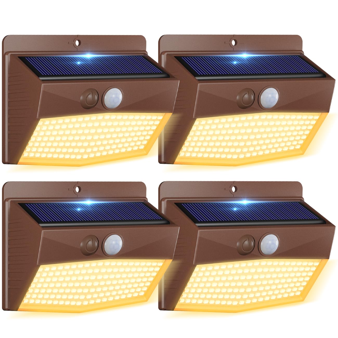 [4 Packs] Solar Outdoor Lights Motion Sensor Solar Security Lights Waterproof with 3 Lighting Modes Solar Powered Wall Lights Outside for Garden Fence Yard,Brown Warm