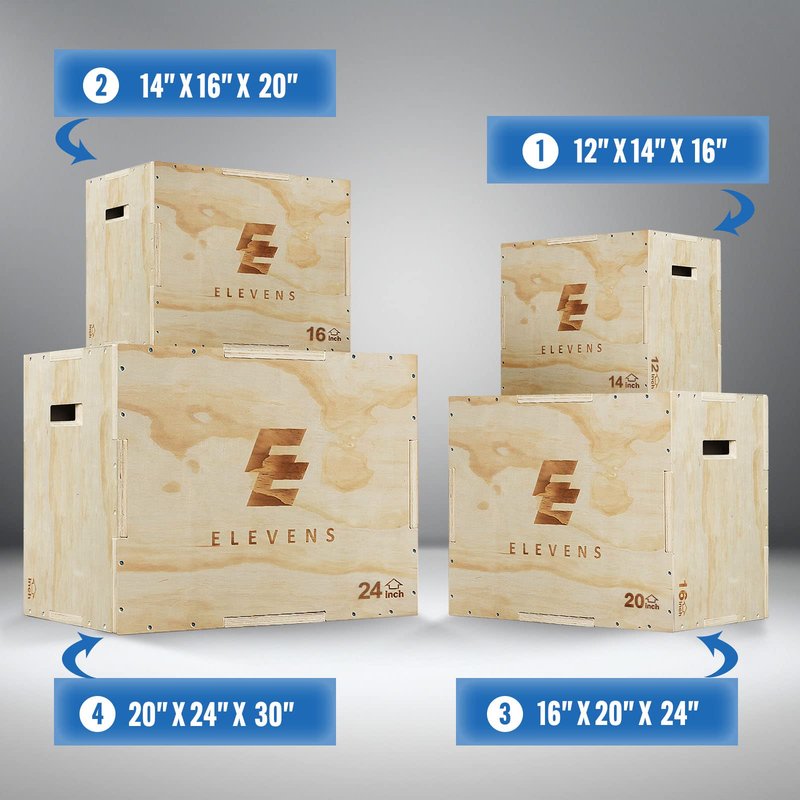 Elevens 3 in 1 Wooden Plyo Box Jump Box Plyometric Box for Jumping Trainer, Skipping, Jumping, Lunges, Box Jumps, Squats, Step-Ups, Dips (20"x14"x16")