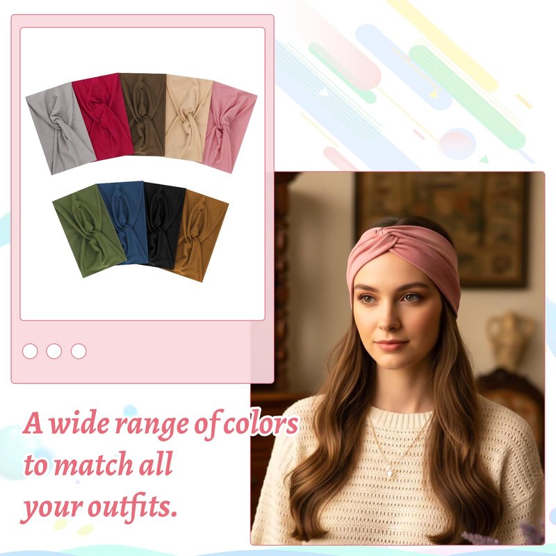 ZhouBoat 9 Pcs Stretchy Headbands for Women Non Slip Wide Elastic Head Bands Soft Twist Knotted Headbands Sports Sweat Bands for Daily Life Spa Yoga Workout Running Gym