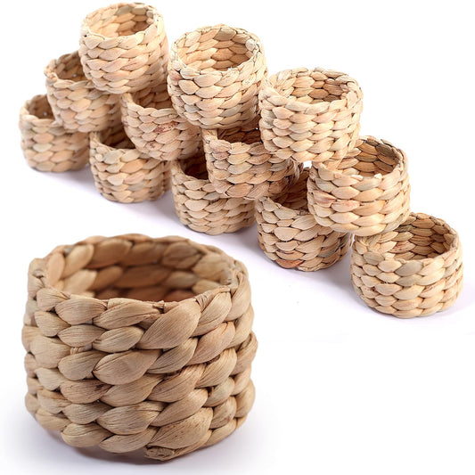 12 Pcs Round Woven Napkin Rings, Water Hyacinth Easter Napkin Rings Set of 12, Anillos para Servilletas De Tela, Boho Napkins Holder for Elegant Table Decoration, Christmas Table Decor, Wedding Decor