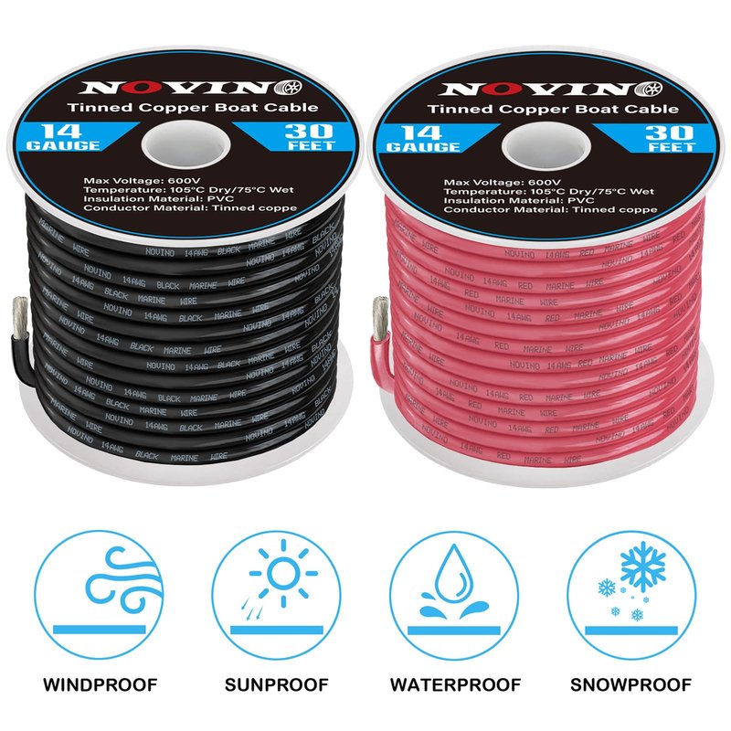 14 Gauge Marine Wire 14 AWG Marine Grade Wire Include 14 Gauge 30FT Red & 30FT Black,14AWG Oxygen-Free Tinned Copper Electrical Cable for Automotive Boat Outdoor RV Camper