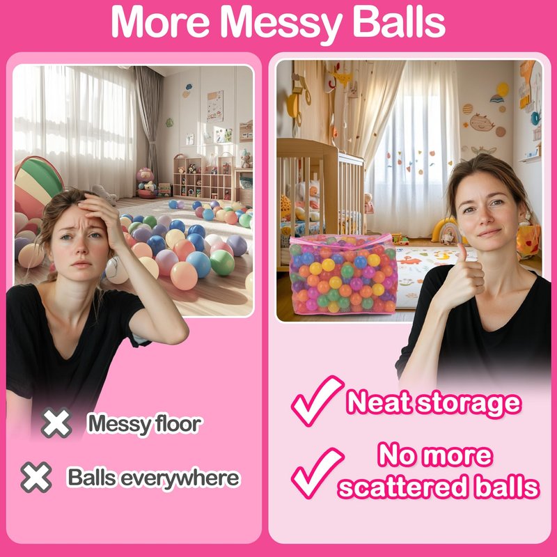 2 PCS Ball Pit Balls Bags - Storage Mesh Bag with Zipper Suitable for Storage,Sturdy and Durable,Large Size 17.7 x 11.8 x 13.7 Inches, Pink & White(Only Storage Bag,No Ball)
