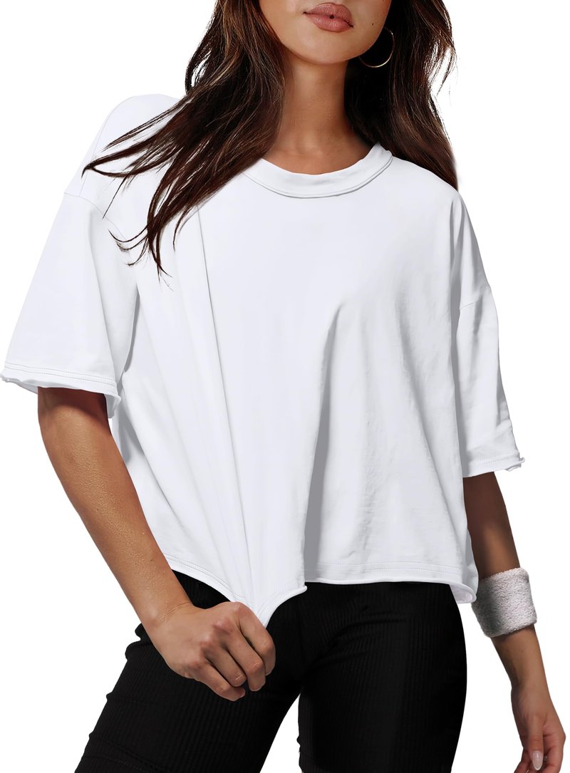 Summer Crop Tops for Women White Cotton Tshirts Short Sleeve Drop Shoulder Workout Yoga Tees L