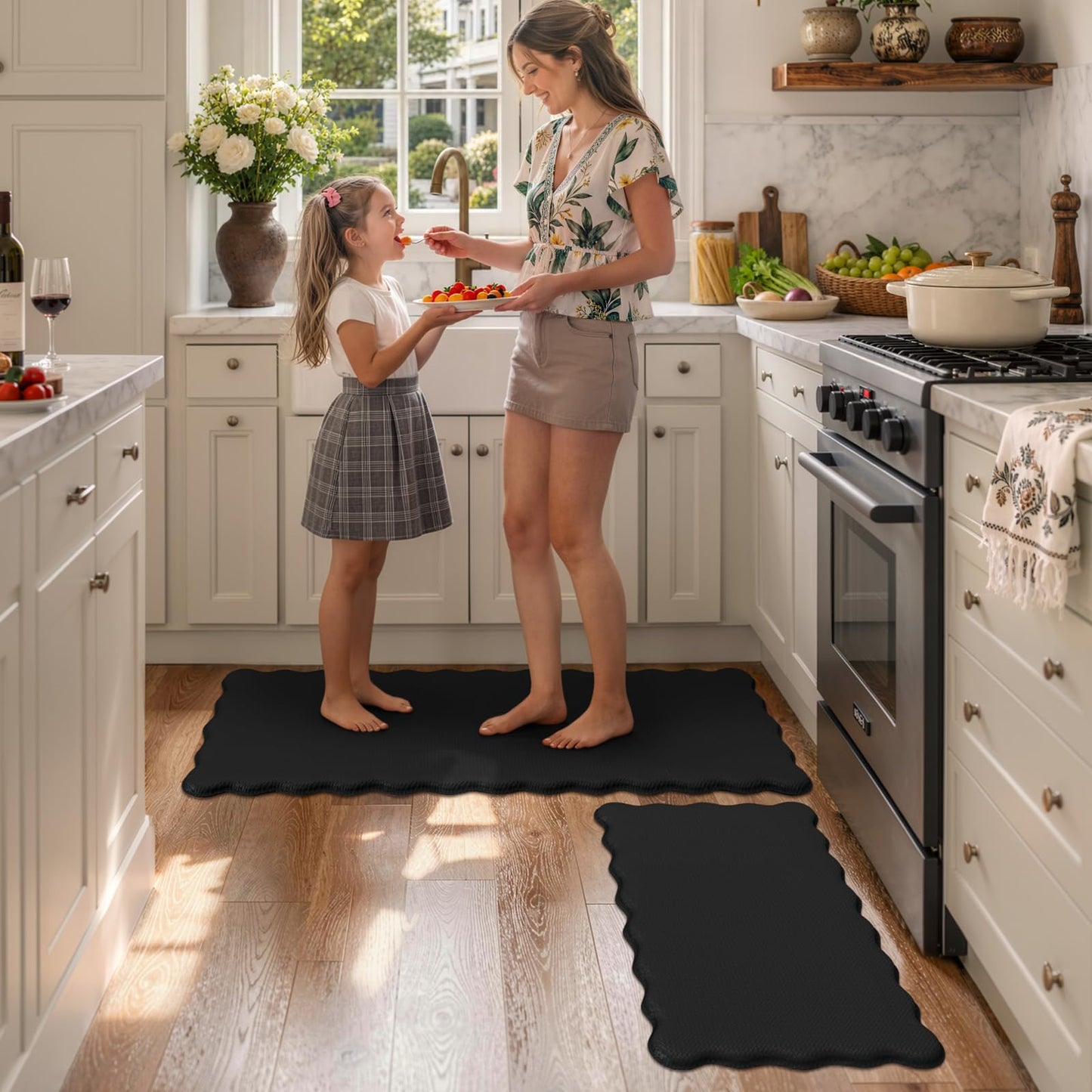 KIMODE Scalloped Kitchen Mats for Floor Cushioned Anti Fatigue,Wavy Kitchen Sink Rugs Sets of 2 Non Slip,Comfort Memory Foam Kitchen Floor Mat Carpet for Office Laundry,Black