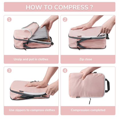 CherryNow Compression Packing Cubes, 7 Set Packing Cubes for Travel Women, Travel Essentials for Suitcase, Luggage Organizer Bags, Pink