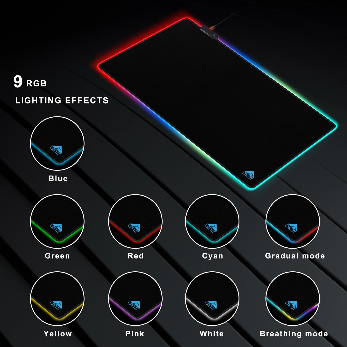 Cacoy 40" x 20" RGB Mouse Pad XXL, Extended Desk Mat with Smooth Surface and 9 Lighting Effects, LED Lighting Desk Pad with Stitched Edges and Non-Slip Rubber Base, Gaming Computer Mouse Mat, Black