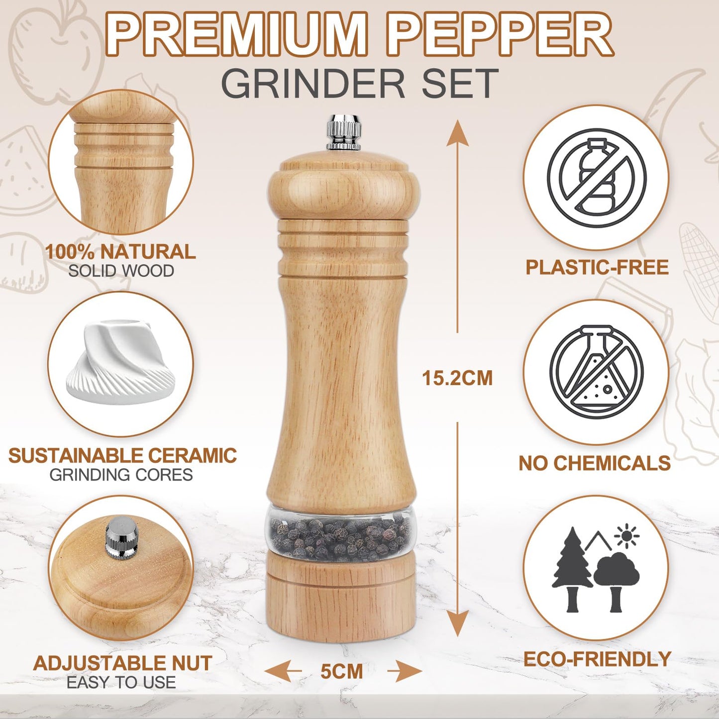 Salt and Pepper Grinder Set of 2, Wooden Salt and Pepper Mill with Adjustable Coarseness Ceramic Rotor & Acrylic Window, Manual Spice Grinders Refillable Salt Shaker for Sea Salt/Chili/Sesame,6.5 Inch