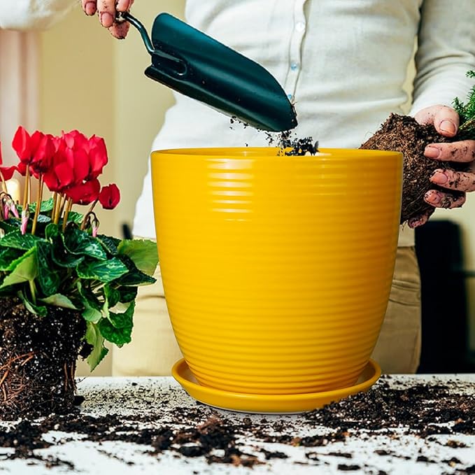 12 Inch Pots for Plants - Ceramic Planter for Indoor Plants Large Plant Pot with Drainage Hole and Saucer Round Outdoor Flower Pot for Garden Home Patio Office Yellow