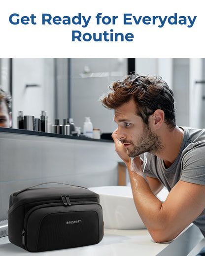 BAGSMART Toiletry Bag for Men, Wide Opening Travel Bag for Toiletries, Dopp Kit Water Resistant Shaving Hygiene Bag for Bathroom Shower, Toiletries Accessories,Travel Essentials-Black