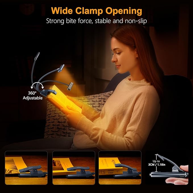 Gritin 19 LED Rechargeable Book Light for Reading in Bed with Memory Function- Eye Caring 3 Color Temperatures,Stepless Dimming Brightness,80 Hrs Runtime Clip on Light for Book Lovers-Pacific Blue