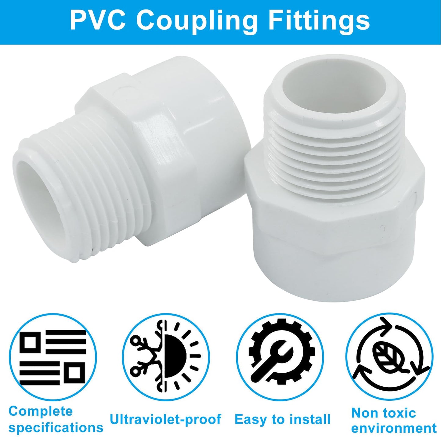 PHITUODA 10 PCS PVC Coupling Fittings, White Male Thread Adapter Connector, 3/4-Inch Female Thread Threaded Coupling for Schedule 40 PVC Pipe/Plumbers