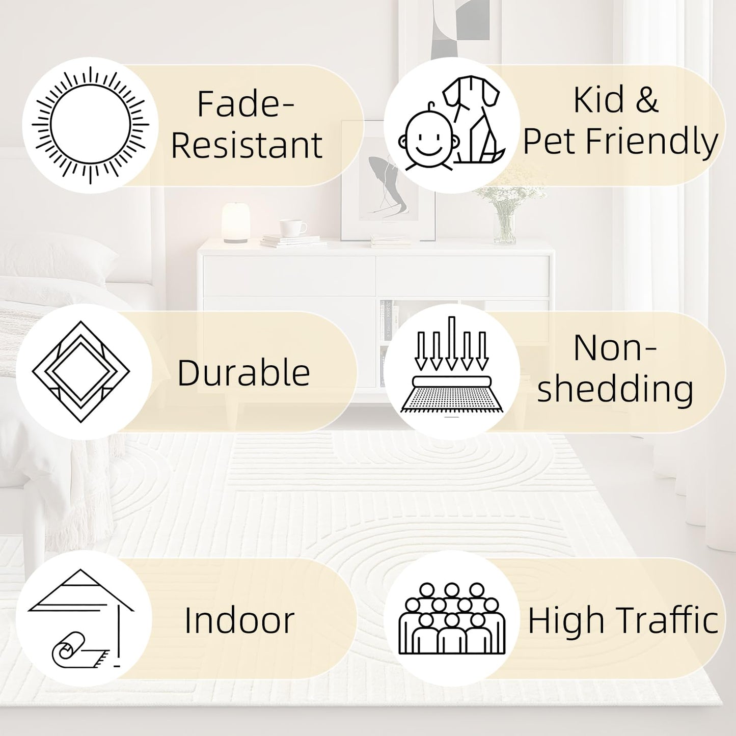 MATIIUI Beige Solid Area Rug 8x10 – Large Washable Soft Indoor Rugs for Living Room Bedroom, Modern Geometric Bohemian Pattern High-Low Pile Textured Carpet for House Apartment, Home Office Decor