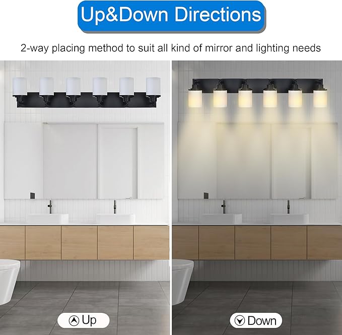 MELUCEE 6 Light Vanity Lighting Fixtures, Matte Black Bathroom Vanity Light with Milky White Glass Shade, Industrial Wall Sconce Lighting for Bath Dressing Room Living Room Hallway