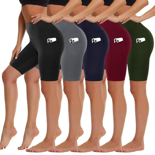 5 Pack Biker Shorts with Pockets for Women - 8" High Waist Spandex Workout Yoga Running Athletic (Black/Grey/Navy/Wine/Olive-Pockets,Plus)