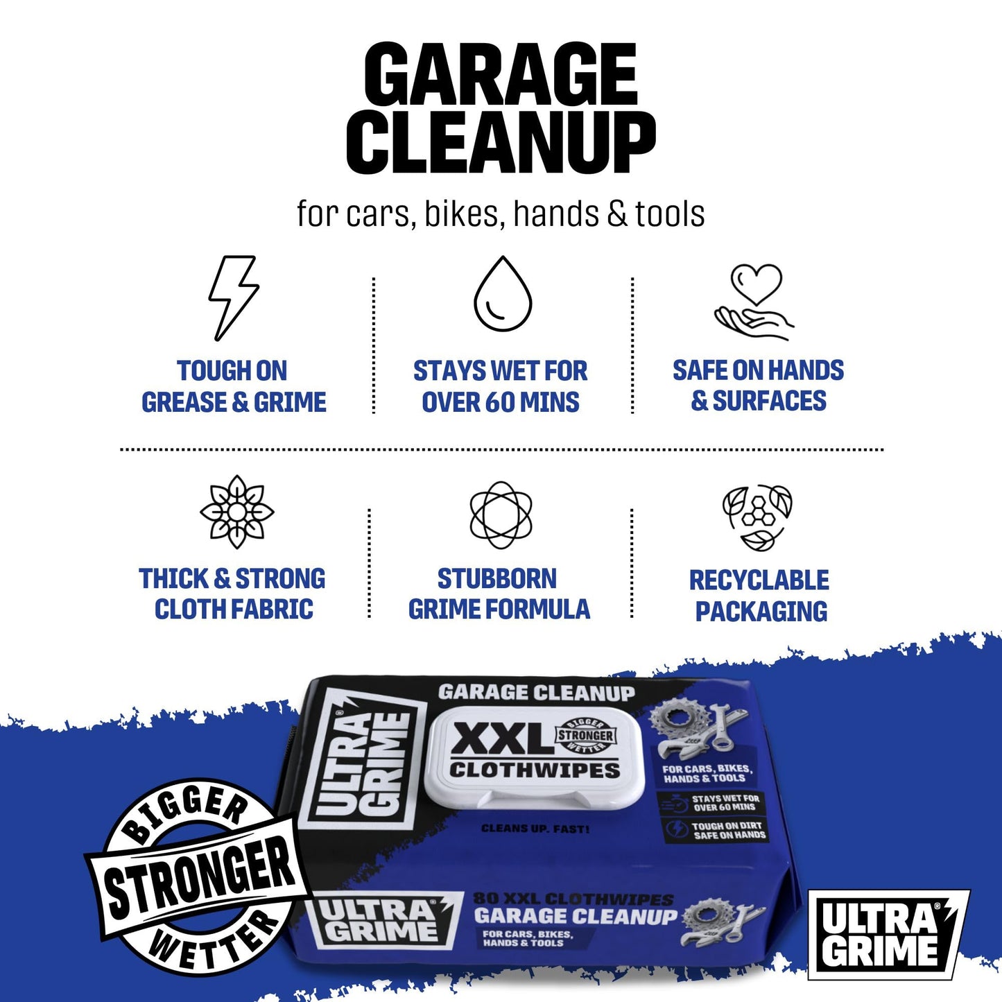 UltraGrime Garage XXL Wipes Heavy Duty 80 Thick Big Wipes - Cleaning Wipes Heavy Duty - Heavy Duty Wipes - Bike Cleaning Wipes - Car Dashboard Cleaner - Leather Cleaning Wipes - Multi Purpose Wipes