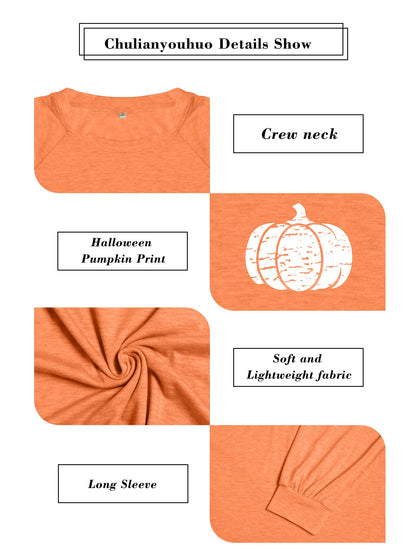 Chulianyouhuo Plus Size Halloween Pumpkin T Shirt Women Long Sleeve Fall Graphic Tees Thanksgiving Gift Tops Blouse Orange