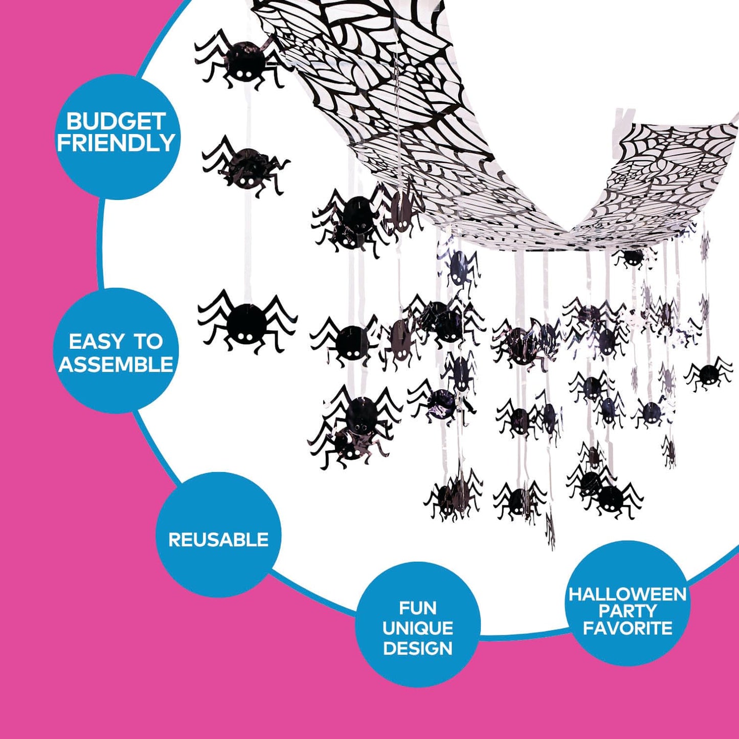 Fun Express 12 Ft. x 12" Hanging Black Spider Ceiling Halloween Decoration, Great for Halloween parties, Trunk Or Treat and Other Spooky Celebrations