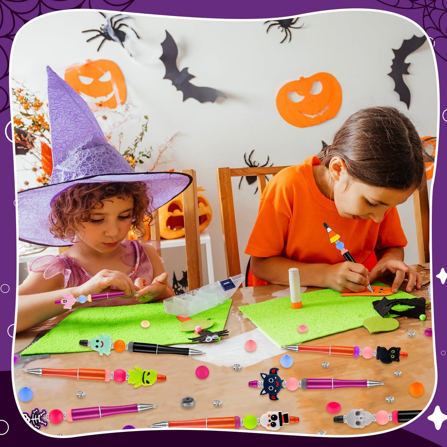 FFNIU Halloween Beadable Pens, Plastic Bead Pens with 12 Pcs Silicone Beads, Pumpkin Bat Skull Pens for Halloween Gifts School Office Supplies
