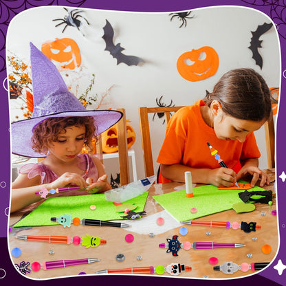 FFNIU Halloween Beadable Pens, Plastic Bead Pens with 12 Pcs Silicone Beads, Pumpkin Bat Skull Pens for Halloween Gifts School Office Supplies