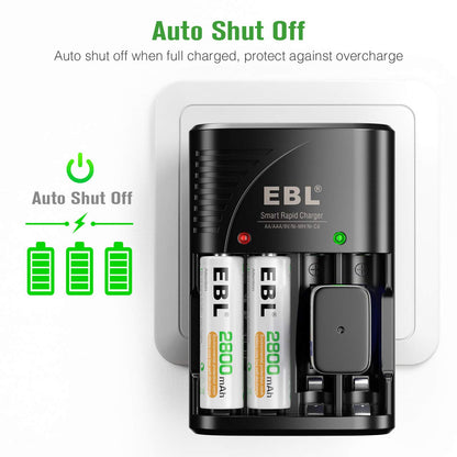 EBL Rechargeable AA Batteries 4 Pack, Precharged Double A Battery 2800mAh and AA AAA Battery Charger with Foldable Wall Plug