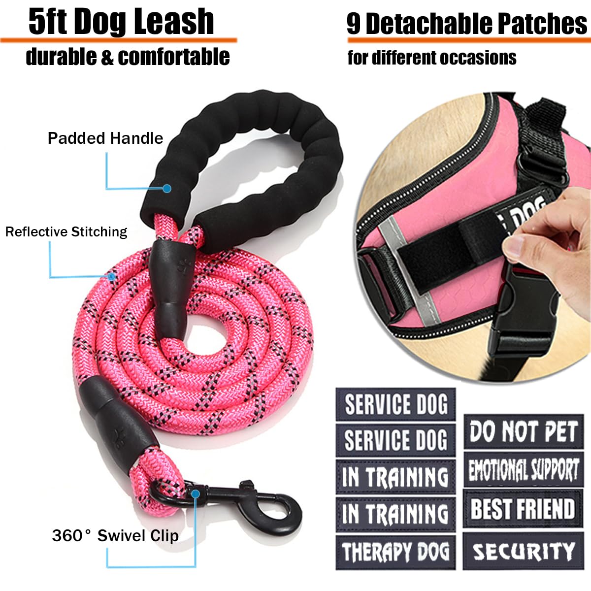 Bcadem Service Dog Vest, 9 Dog Patches No Pull Dog Harness and Leash Set with Handle,Easy On and Off Pet Vest Harness with Night Safe Reflective Straps for Small Medium Large Breed Dogs