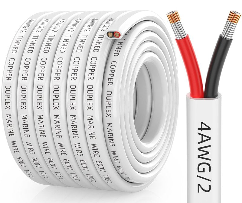 CONEPY 4 Gauge Marine Wire, 4/2 Duplex Tinned Copper Marine Grade Cable, IP68 Waterproof/Corrosion-Resistant PVC Stranded 4 AWG Wire for Boat, Automotive, Solar, Trolling Motor, Battery (30FT)