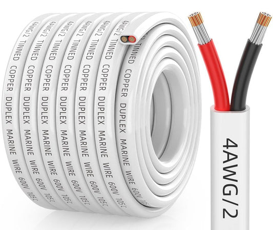 CONEPY 4 Gauge Marine Wire, 4/2 Duplex Tinned Copper Marine Grade Cable, IP68 Waterproof/Corrosion-Resistant PVC Stranded 4 AWG Wire for Boat, Automotive, Solar, Trolling Motor, Battery (30FT)
