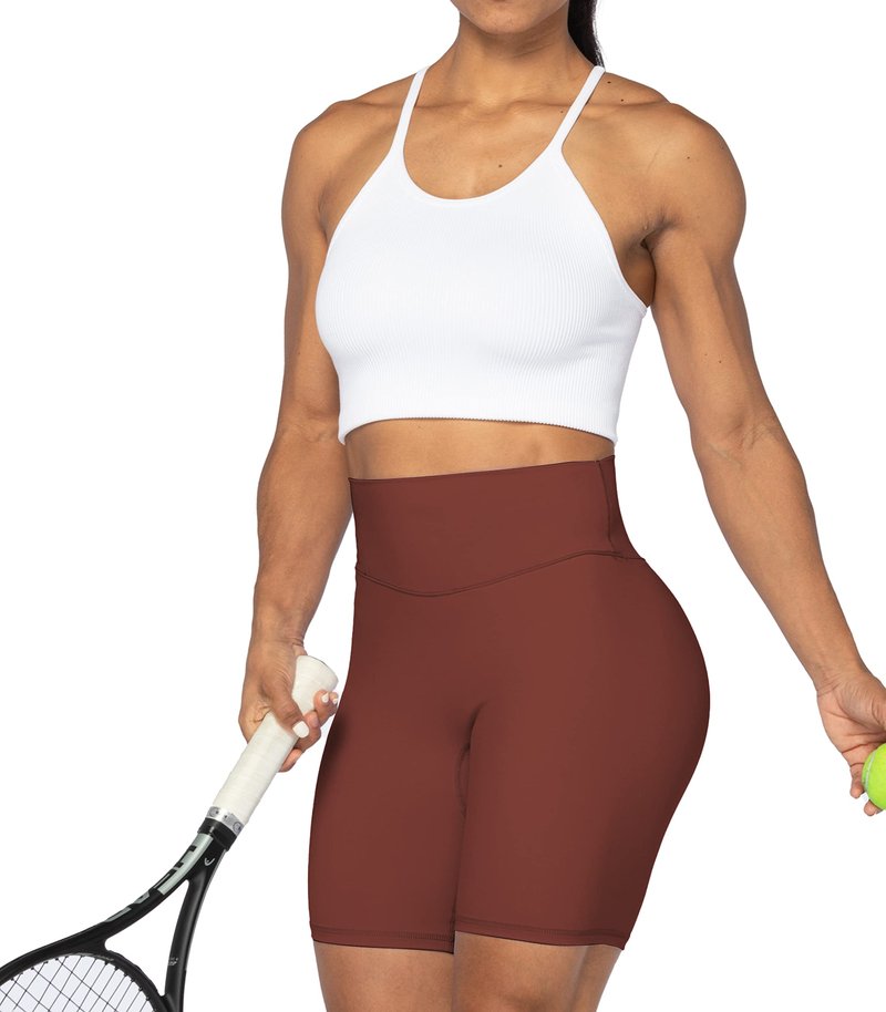 Sunzel 8" High Waist Biker Shorts for Women No Front Seam Soft Yoga Workout Gym Bike Shorts Tummy Control Squat Proof Wine Red