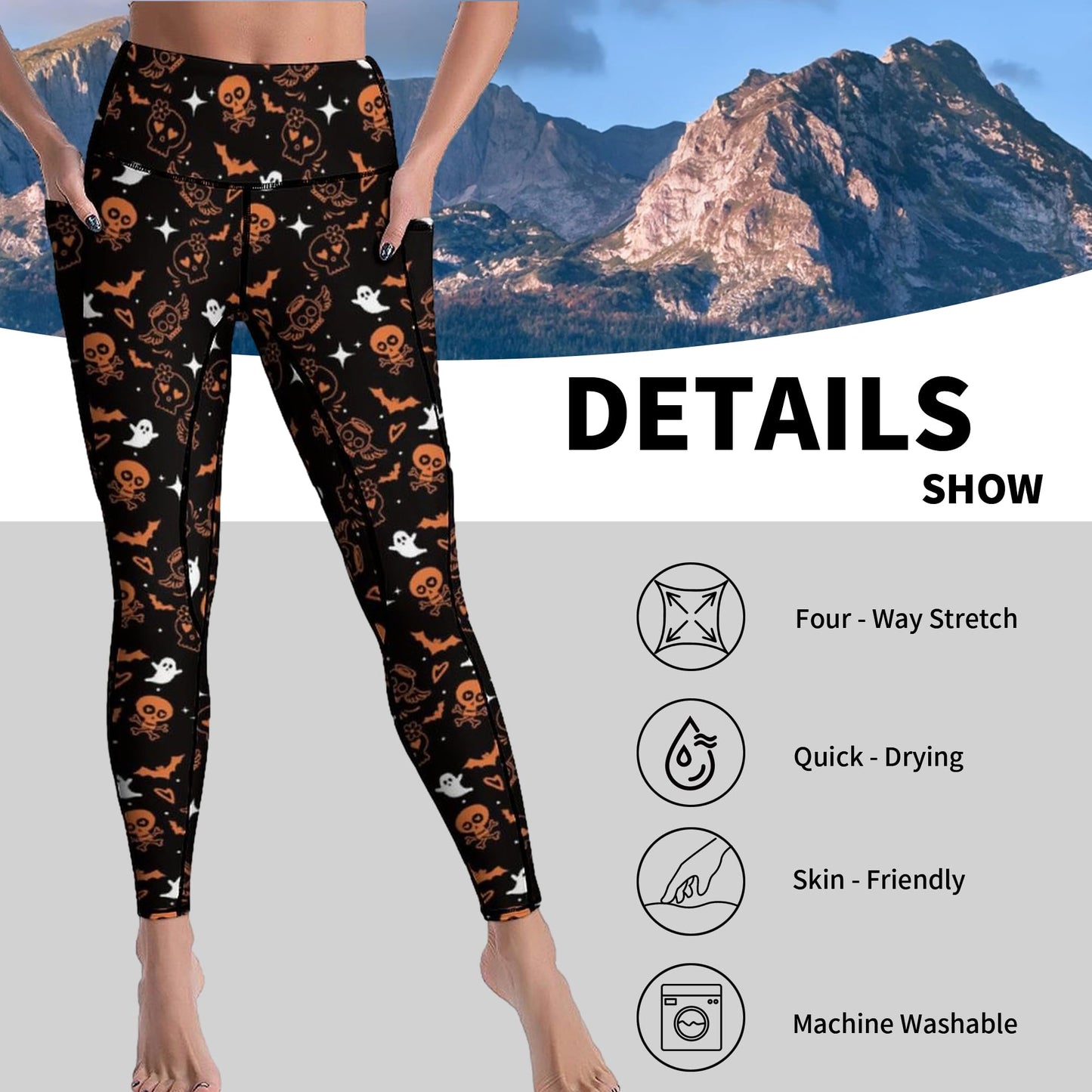 Cerburny Skull Skeleton Ghost Womens Leggings Christmas Bat Workout Yoga Pants with Pockets Gym Athletic High Waisted Walk Run Pants