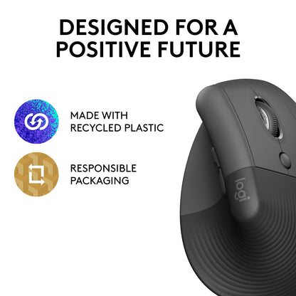 Logitech Lift Vertical Ergonomic Mouse, Wireless, Bluetooth or Logi Bolt USB receiver, Quiet clicks, 4 buttons, compatible with Windows/macOS/iPadOS, Laptop, PC - Graphite
