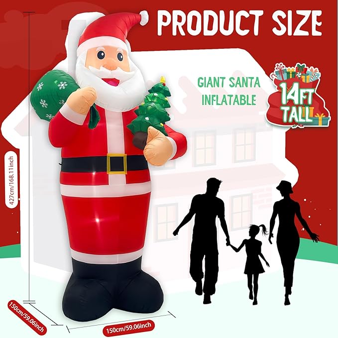 OurWarm 14FT Christmas Inflatable Outdoor Decoration, Giant Inflatable Santa Claus Holding Gift Bag, Blow Up Christmas Decorations Outdoor with Built-in LED Lights for Yard Garden Lawn Xmas Decor