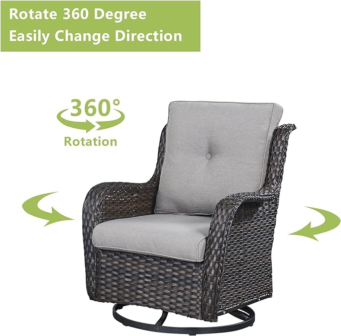 Rilyson Wicker Rocking Chair Swivel Chairs - 3 Piece Rocker Patio Furniture Set Rattan Rocking Bistro Sets with Glass Top Side Table for Outdoor Porch Deck Garden Backyard (Brown/Grey)