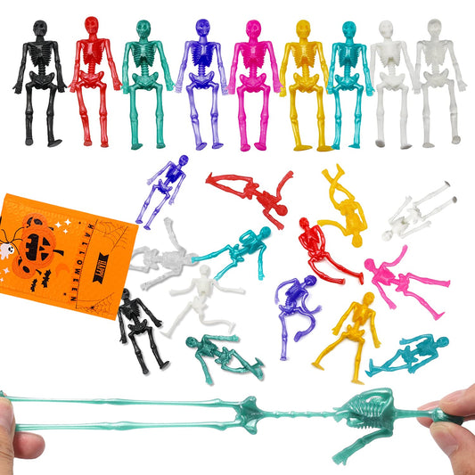 JOICEE 24PCS Halloween Stretchy Skeleton Toys, Assorted Color Stretchy Skull Squishy Toys for Party Favors, Happy Halloween Goody Bag Fillers, Halloween Sticky Toys for Kids, Boys & Girls