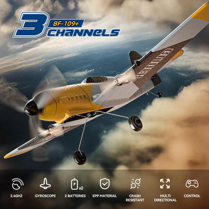 DEERC RC Plane 3 Channel BF-109 Remote Control Airplane Fighter Toys,2.4GHz 6-axis Gyro Stabilizer RTF Glider Aircraft Plane with 2 Batteries,Easy to Fly for Adults Kids Beginners Boys