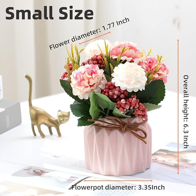 2 PCS Mini Hygrangea Artificial Flowers in Vase, Small Centerpiece Table Decorations - Fake Plant in Vase, Faux Hydrangea Flower Decor for Home, Wedding, Office and Party