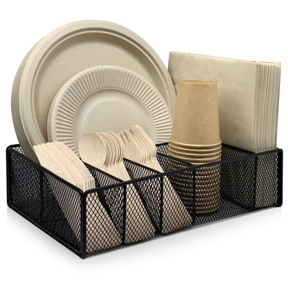 Dysanvica Metal Paper Plate Holder - Utensil Silverware Caddy for Kitchen Counter Cabinet Cutlery Flatware Organizer Storage Dispenser Box for Plastic Spoon Fork Plates Napkins Cup Party Camping Black