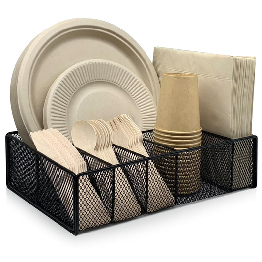 Dysanvica Metal Paper Plate Holder - Utensil Silverware Caddy for Kitchen Counter Cabinet Cutlery Flatware Organizer Storage Dispenser Box for Plastic Spoon Fork Plates Napkins Cup Party Camping Black