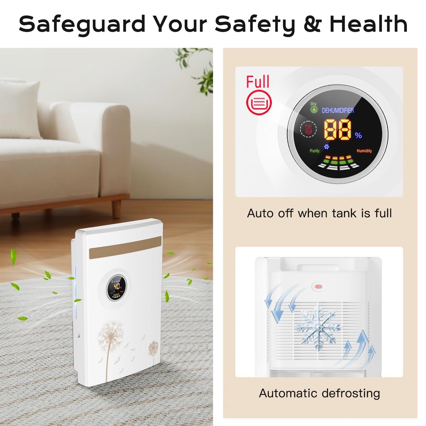 Dehumidifier for Home 2.2L, Electric Dehumidifier 2 Mode 1-24 Hour Timer UV Purification LED Display Automatic Defrosting w Remote Control Moisture & Mold Removal GB-100 for Bedroom, Bathroom, Office