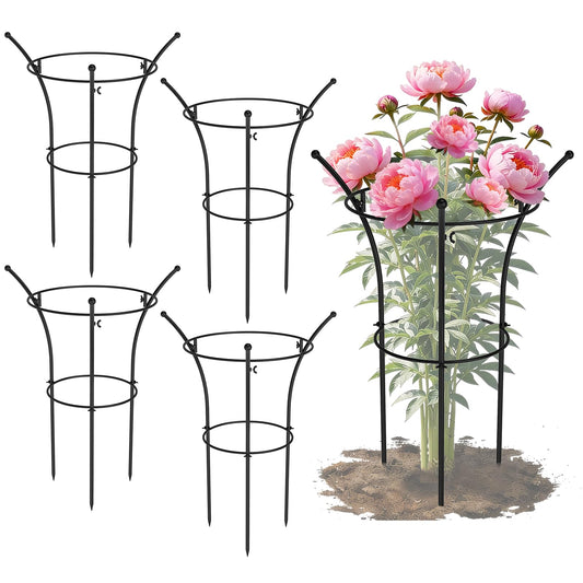 4 Pack Peony Cages and Supports, 12.5" Dx24 H Plant Supports for Outdoor Plants, Double-Ring Metal Peony Support Cage, Natural Bouquet Shape Plant Support Rings for Rose Tomato Hydrangea Strawberry