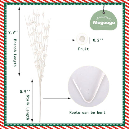 Megoogo 12 PCS Artificial Glitter Berry, White Christmas Glitter Picks Artificial Berries Stems for Christmas Ornaments Fake Sticks for Vases Tall DIY Wreath Home Decor (15.8’’)