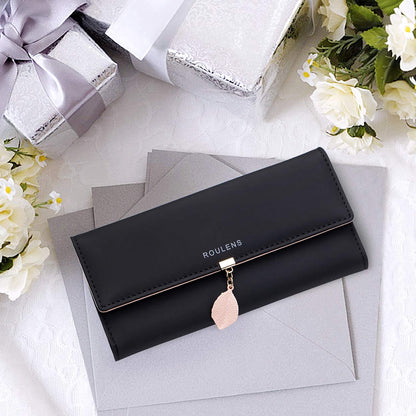 Roulens Ladies Purse, RFID Blocking PU Leather Wallet for Women Leaf Pendant Zipper Coin Purse with Multiple Card Slots and Roomy Compartment