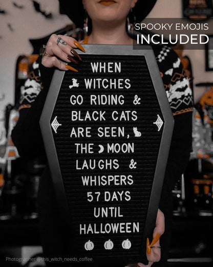 Coffin Letter Board Black +3D Bat Stickers +650 Characters, Spooky & Seasonal Emojis, Wooden Stand - 17x10.5 Inches - Coffin Shaped Goth Decor Sign Witchy Halloween Decorations Gothic Decor Birthday Wedding Home Spooky Gifts