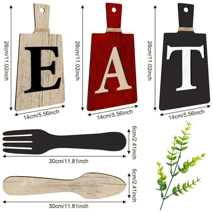 Jetec Cutting Board Eat Sign Set Hanging Art Kitchen Eat Sign Fork and Spoon Wall Decor Rustic Primitive Country Farmhouse Kitchen Decor for Home Decoration(Red, Beige, Gray)