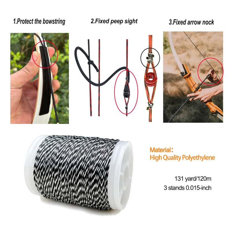 - QI HUO JU - Archery Bow String Serving Thread Jig 131 yard/120m Bow Serving String 3-Strands String Thread Tool for Compound Bow Tying Peep Sight Nock Accessories (Black-White)