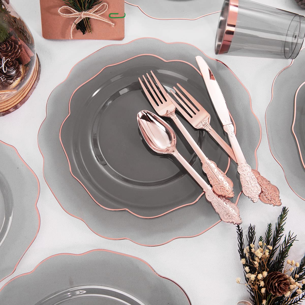 bUCLA 30Guests Clear Black Plastic Plates With Rose Gold Silverware & Cups - Rose Gold Rim Plastic Dinnerware Ideal for Party & New Year