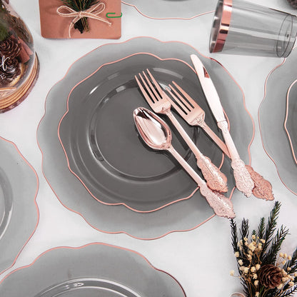 bUCLA 30Guests Clear Black Plastic Plates With Rose Gold Silverware & Cups - Rose Gold Rim Plastic Dinnerware Ideal for Party & New Year