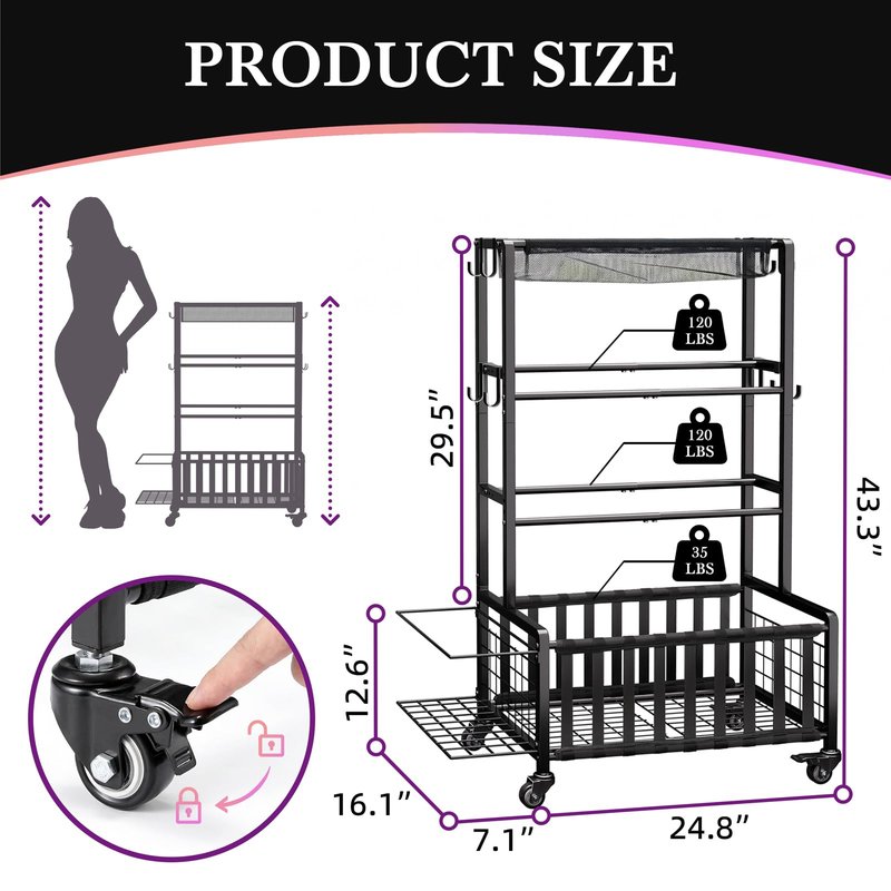 Dumbbell Rack, Home Gym Storage Rack, Adjustable Weight Rack Organizer with Wheels & Hooks, Heavy Duty Gym Equipment Storage, Workout Storage Organizer for Garage Gym