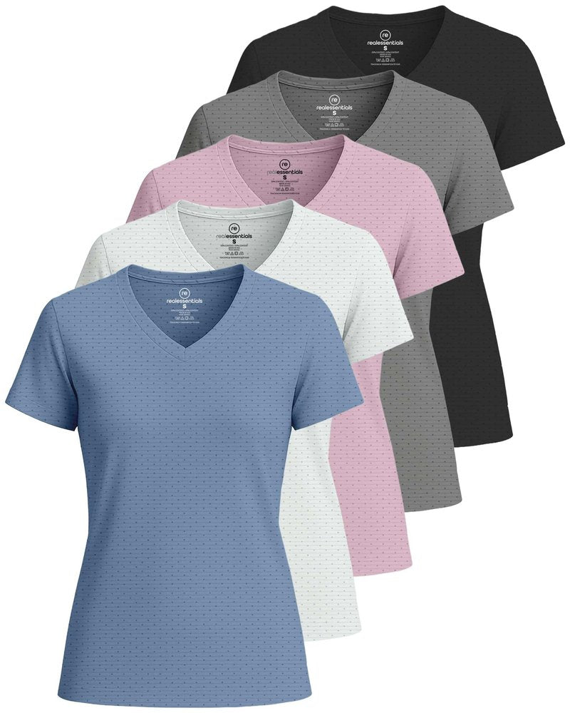 Real Essentials 5 Pack: Women's Short Sleeve Breeze Tech V-Neck T Shirt –Workout Top Wicking Dry Fit Athletic Tee (Plus)